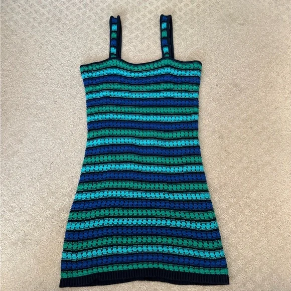 GAP Crochet Blue and Green Striped Mini Dress Preppy Bohemian Indie Bodycon - Picture 4 of 8